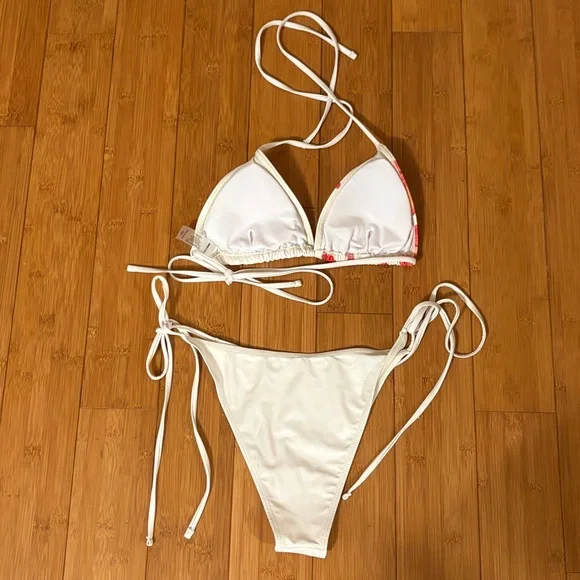 Nova Swim White String Bikini with Pink-Red Floral Print M - Picture 3 of 5